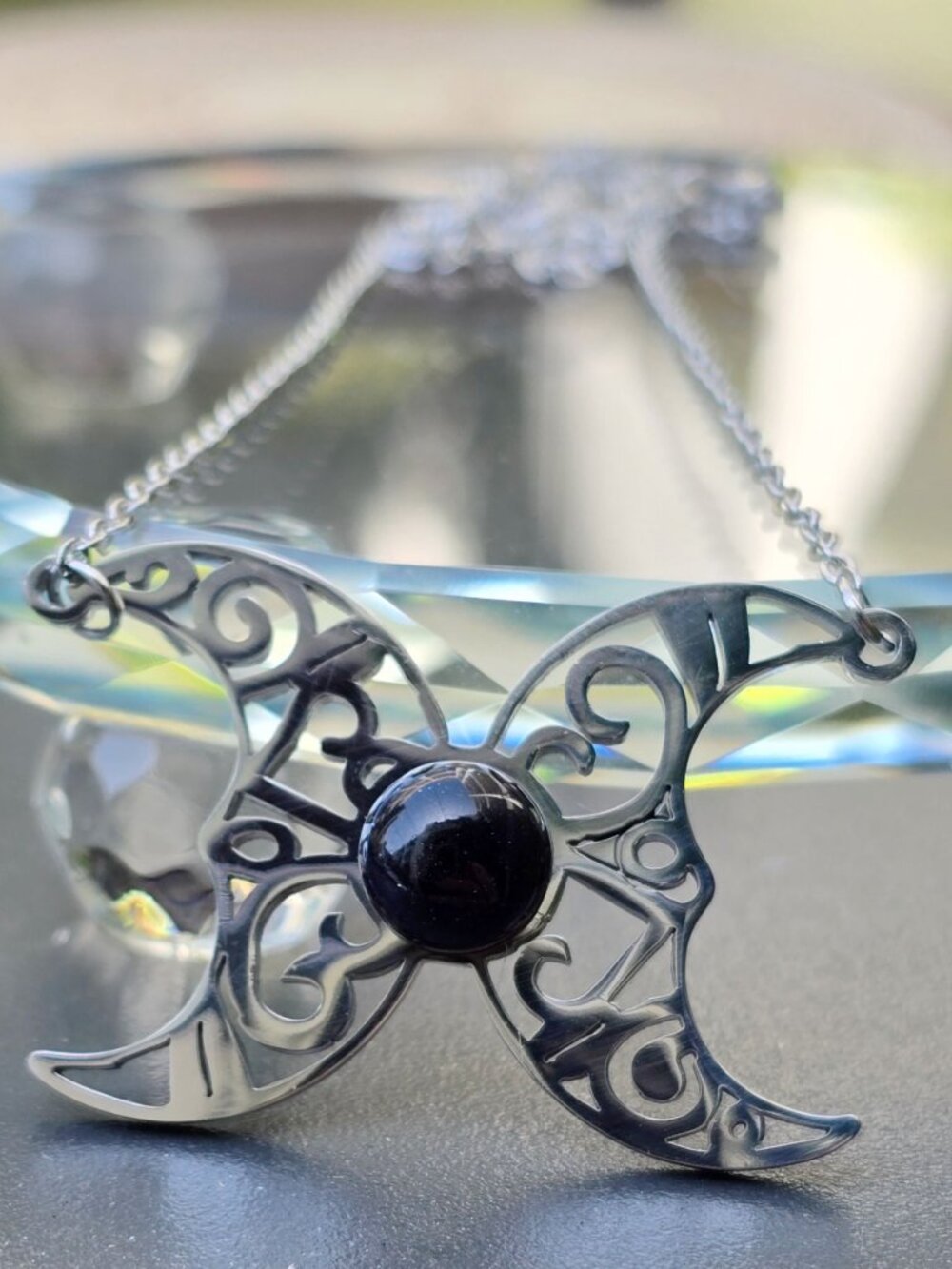Crescent Moon ✦ Hematite Filigree Pendant ✦ Gothic Celestial Alt Necklace NWT - Picture 2 of 6